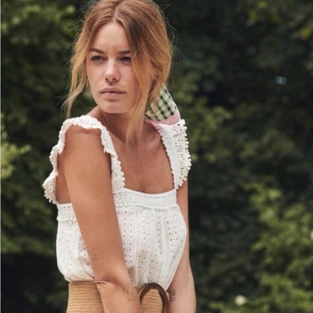 Sezane White Eyelet Linen Square-Neck Tank